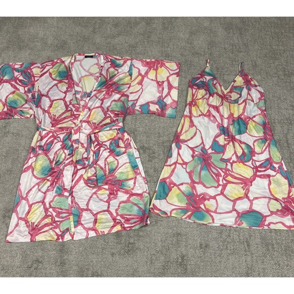 Natori Nightgown Slip Dress Robe Womens XL 1X White Pink Turquoise Silky Floral - Picture 1 of 12